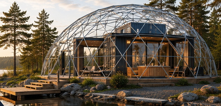 Courtyard and terrace under a transparent geodesic cover